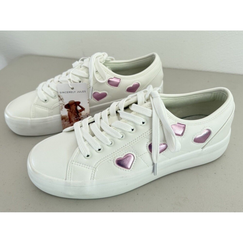 Sincerely Jules Pink Heart White Sneakers Women Size 8.5 New